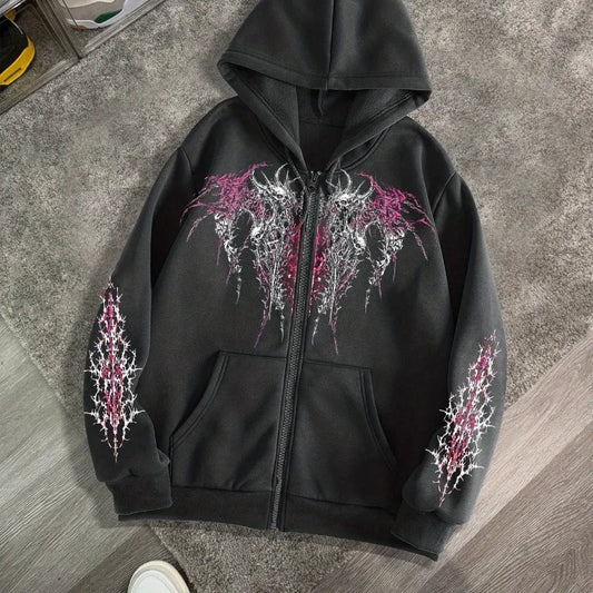 Men's Gothic Dark Print Zipper Hooded Casual Sports Sweatshirt Zipper Jacket Autumn and Winter New Casual Retro Street Style Top - Chrissy's Eye