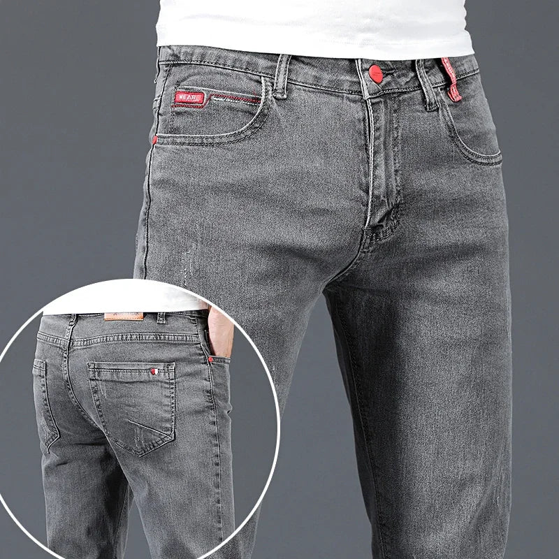2024 New Men's Cotton Business Casual Skinny Jeans Trendy Fashionable Stretch Straight Slim Denim Trousers Male Blue Grey - Chrissy's Eye