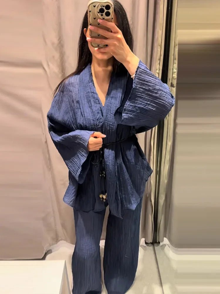 set/S - Fashion Solid Women's Trousers Suits Long Sleeve V-Neck Lace Up Tops Wide Leg Pants 2026 Summer Casual 2 Pieces Set Women - Chrissy's Eye