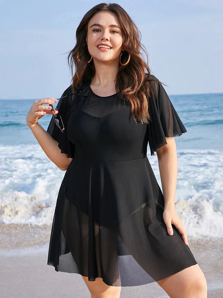 Plus Size Womens One Piece Tummy Control Swimdress Solid Mesh Patchwork Ruffle Sleeve Cover Up Swim Dress Chubby Swimsuit - Chrissy's Eye