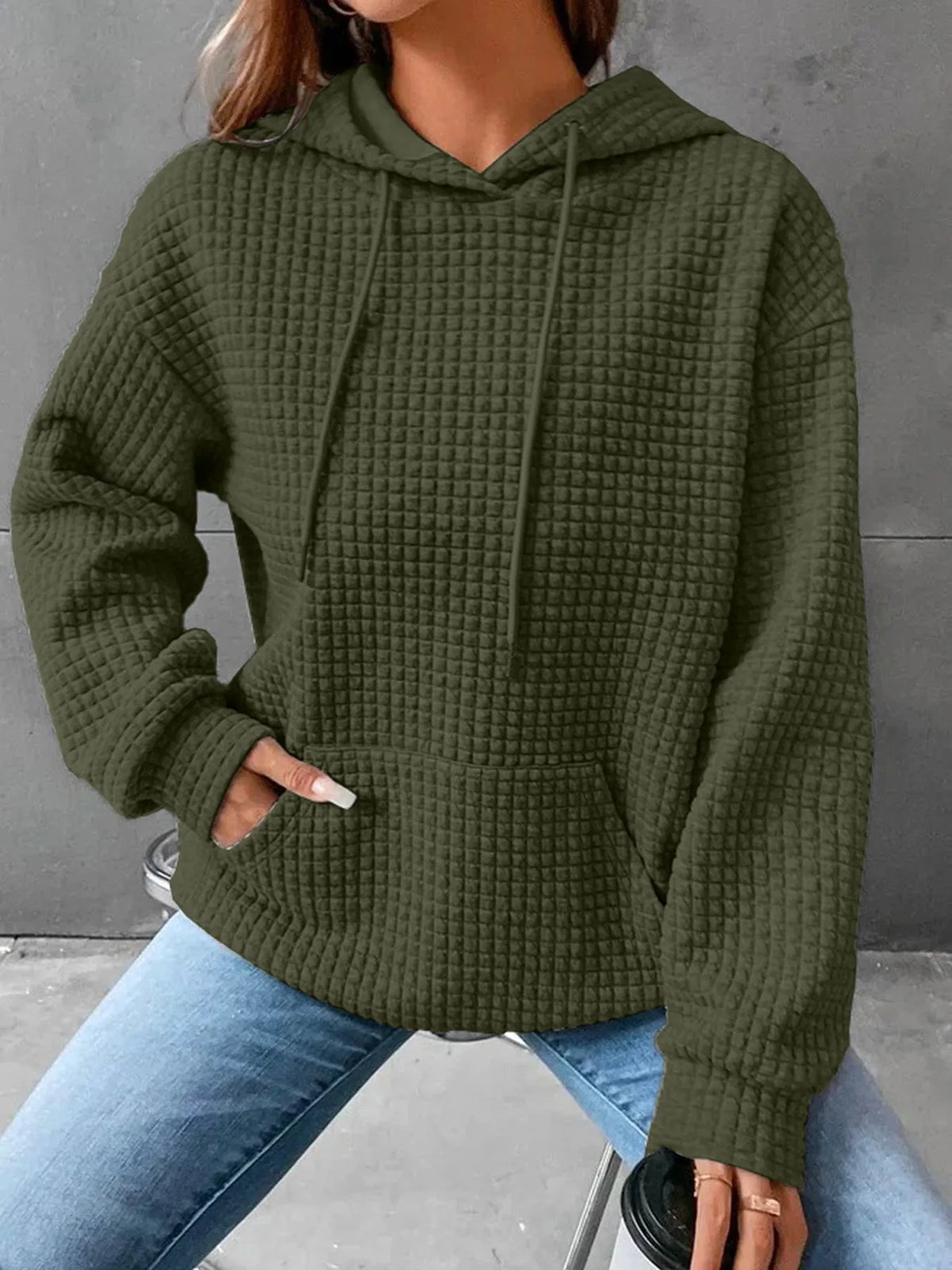 Women's hooded sweatshirt spring and autumn style waffle fashion beautiful solid color hooded drawstring loose sweatshirt - Chrissy's Eye