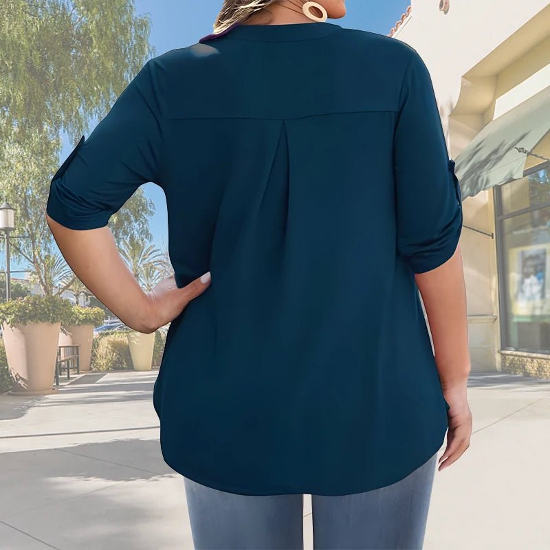 2025 New Women's Plus Size Summer Casual V-Neck Button-Front Blouse - Elegant Loose Fit Short Sleeve Machine Washable Solid - Chrissy's Eye