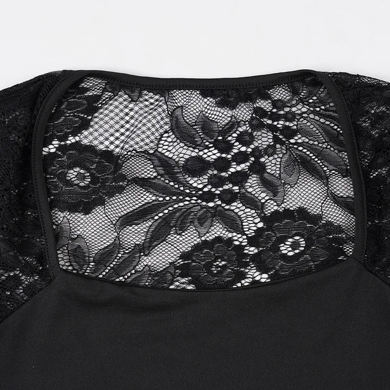 SsTss Solid Slim Sheer Lace Top for Women Fashion Hollow Out Long Sleeve Square Neck Slim Stretch Basic Crop T Shirt for Dating - Chrissy's Eye