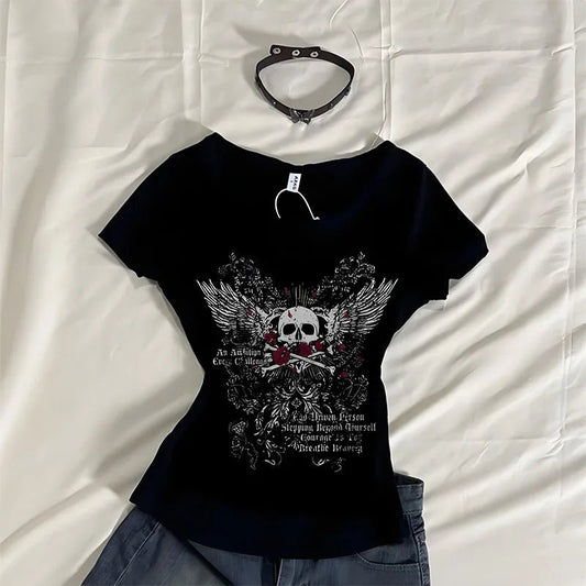 Graphic Print Short Sleeve Tee Women Aesthetic Mall Goth T-shirt Retro Grunge Skull Wing Crop Tops - Chrissy's Eye