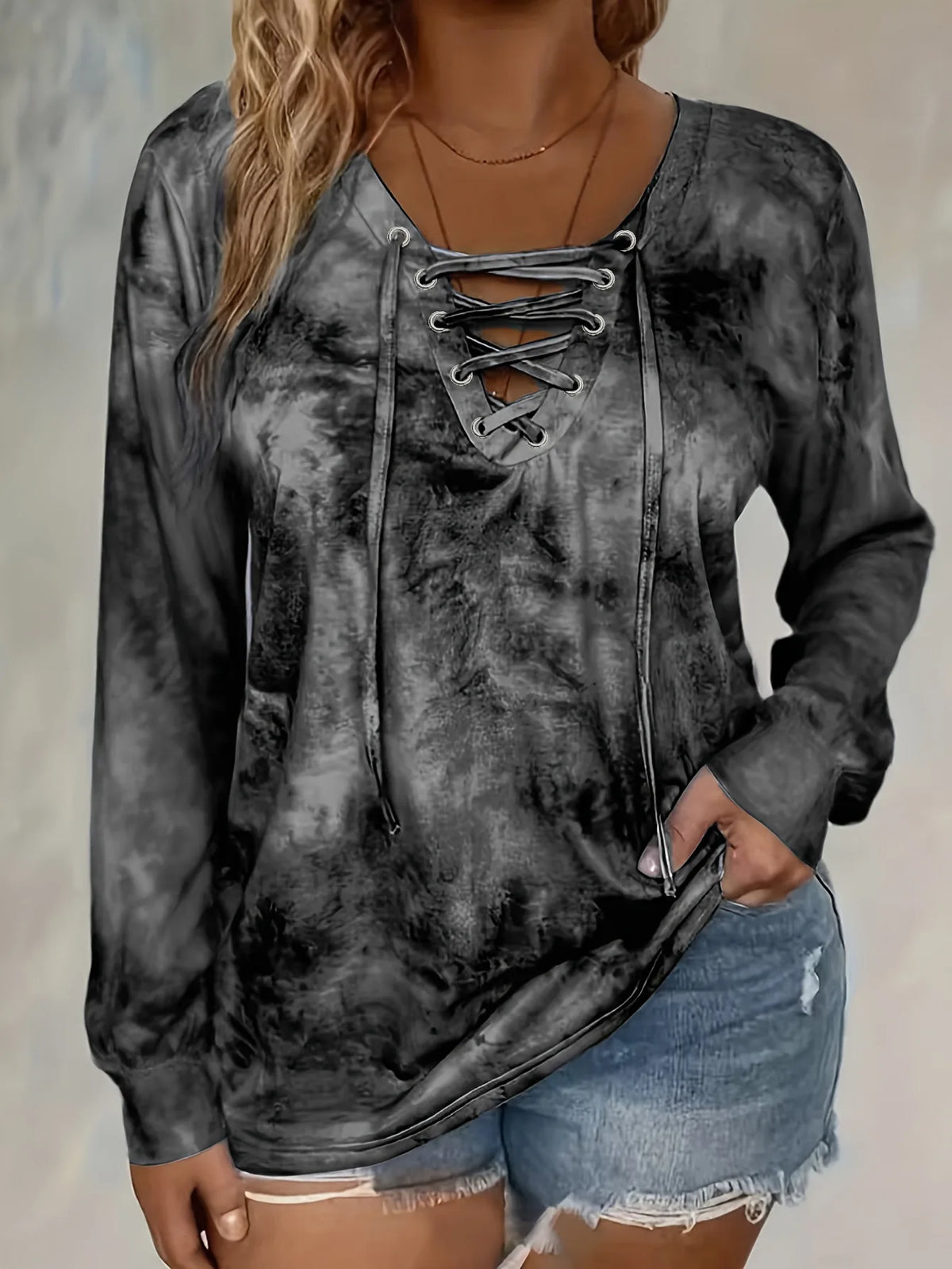 plus size women's tie dye printed long sleeved T-shirt made of polyester knitted fabric elegant lace up casual and comfortable - Chrissy's Eye
