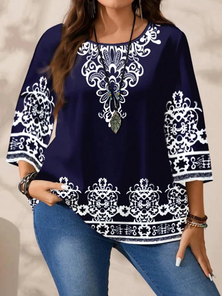 Plus Size Women's Boho Print T-Shirt, Navy Blue with White Floral Patterns, 3/4 Sleeves, Super Comfy for Daily Casual Wear - Chrissy's Eye