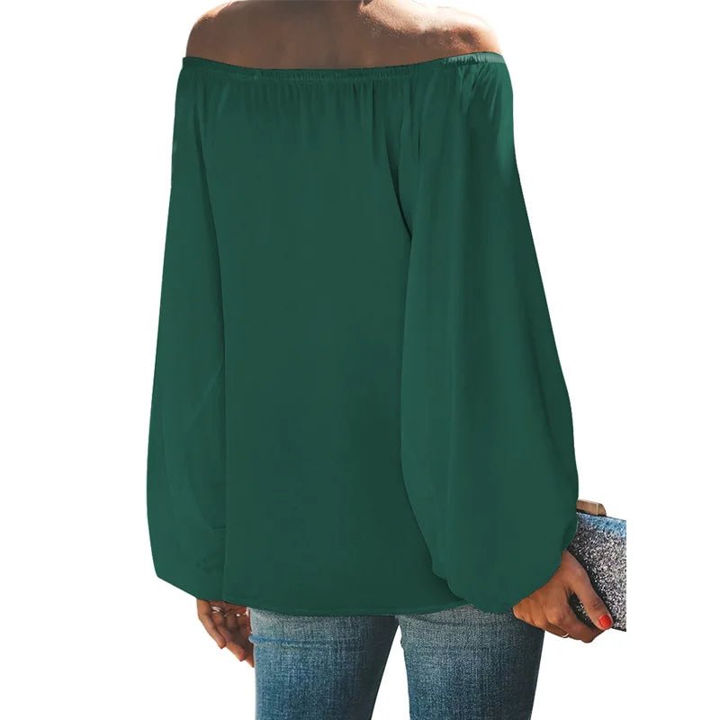 2024 off-shoulder tops for women autumn new one-shoulder solid color lantern sleeves loose long-sleeved T-shirt - Chrissy's Eye
