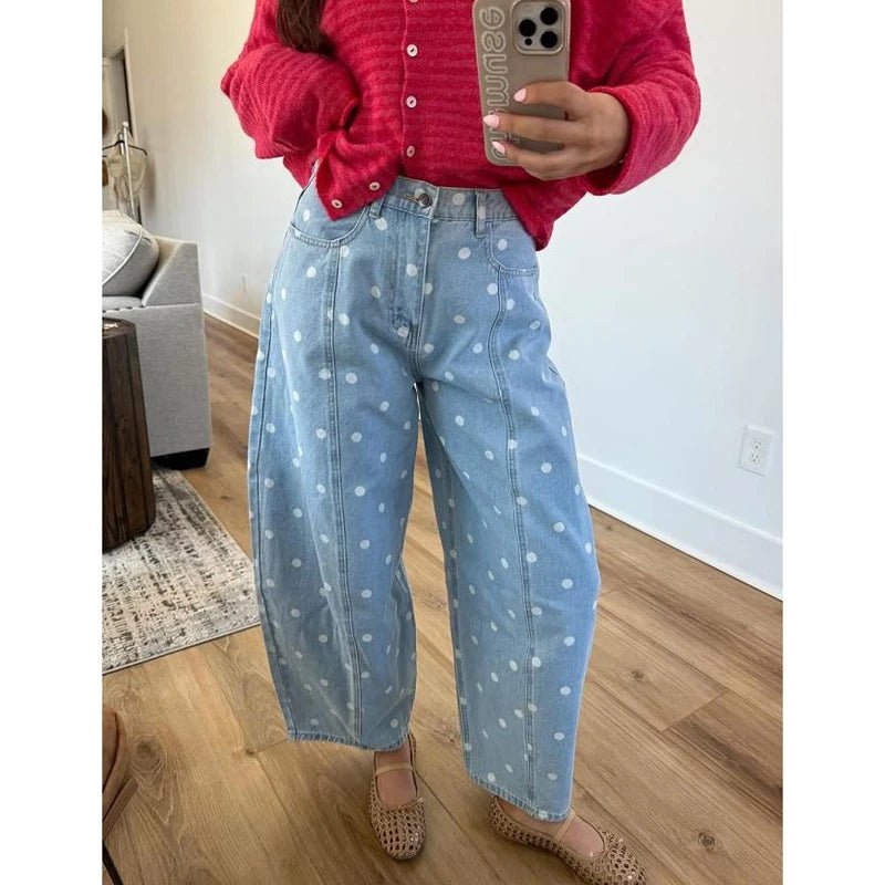 Fashion Women Barrel Jeans Dot Print Loose Denim Pants Spring Casual Baggy Trousers Fashion Wide-Leg Pants - Chrissy's Eye