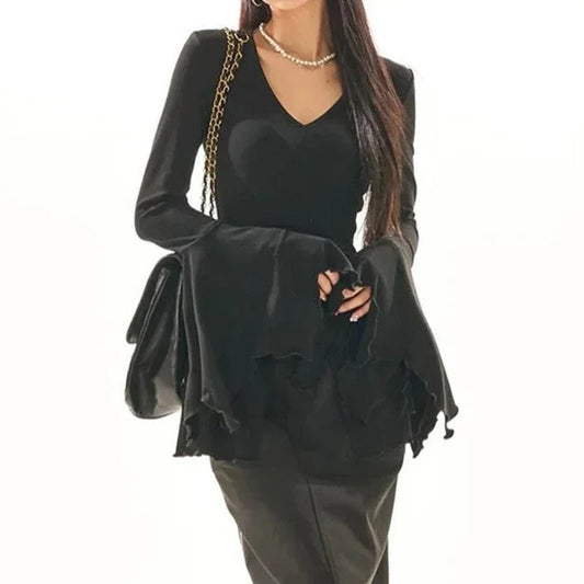 Goth Dark Fairy Grunge Flare Sleeve V-neck T-shirts Gothic Split Sexy Lettuce Hem Female Blouses Y2k Black Slim Fashion Alt Tops - Chrissy's Eye