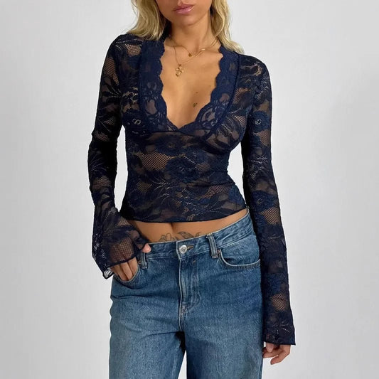 Pure Desire Sexy Deep V Long Sleeve Lace Blouse - Chrissy's Eye
