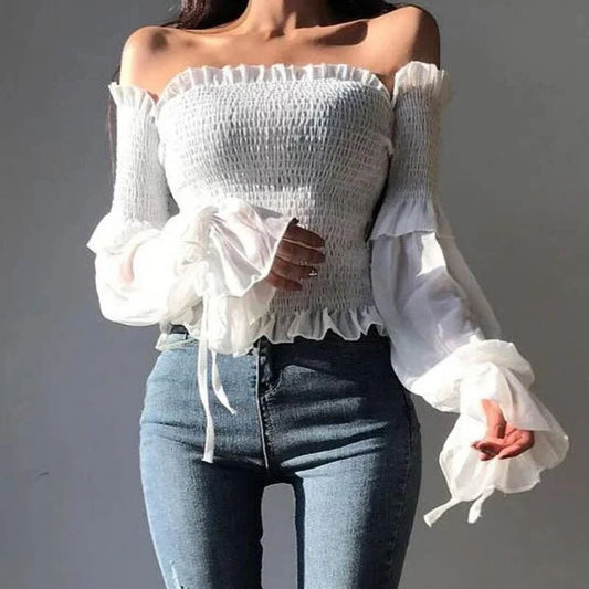 Off Shoulder Fashion Pleated Bow Blouse 2024 Spring Women Long Sleeve Cropped Tops Solid Color Ladies Shirt Lace Up Corset 12813 - Chrissy's Eye