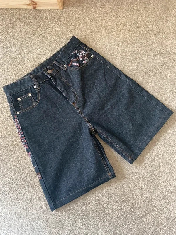 Men Dark Wash Denim Shorts Back Pocket Cherry Blossom Embroidered Loose Fit Knee Length Vintage Streetwear Casual Summer Wear - Chrissy's Eye