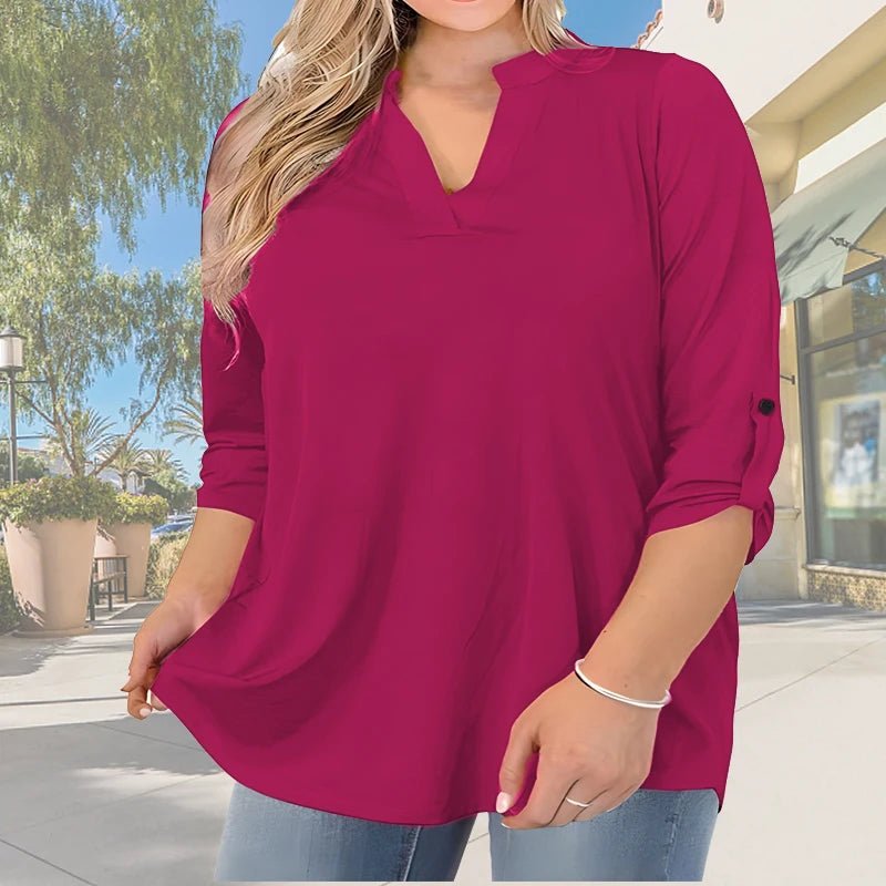 2025 New Women's Plus Size Summer Casual V-Neck Button-Front Blouse - Elegant Loose Fit Short Sleeve Machine Washable Solid - Chrissy's Eye