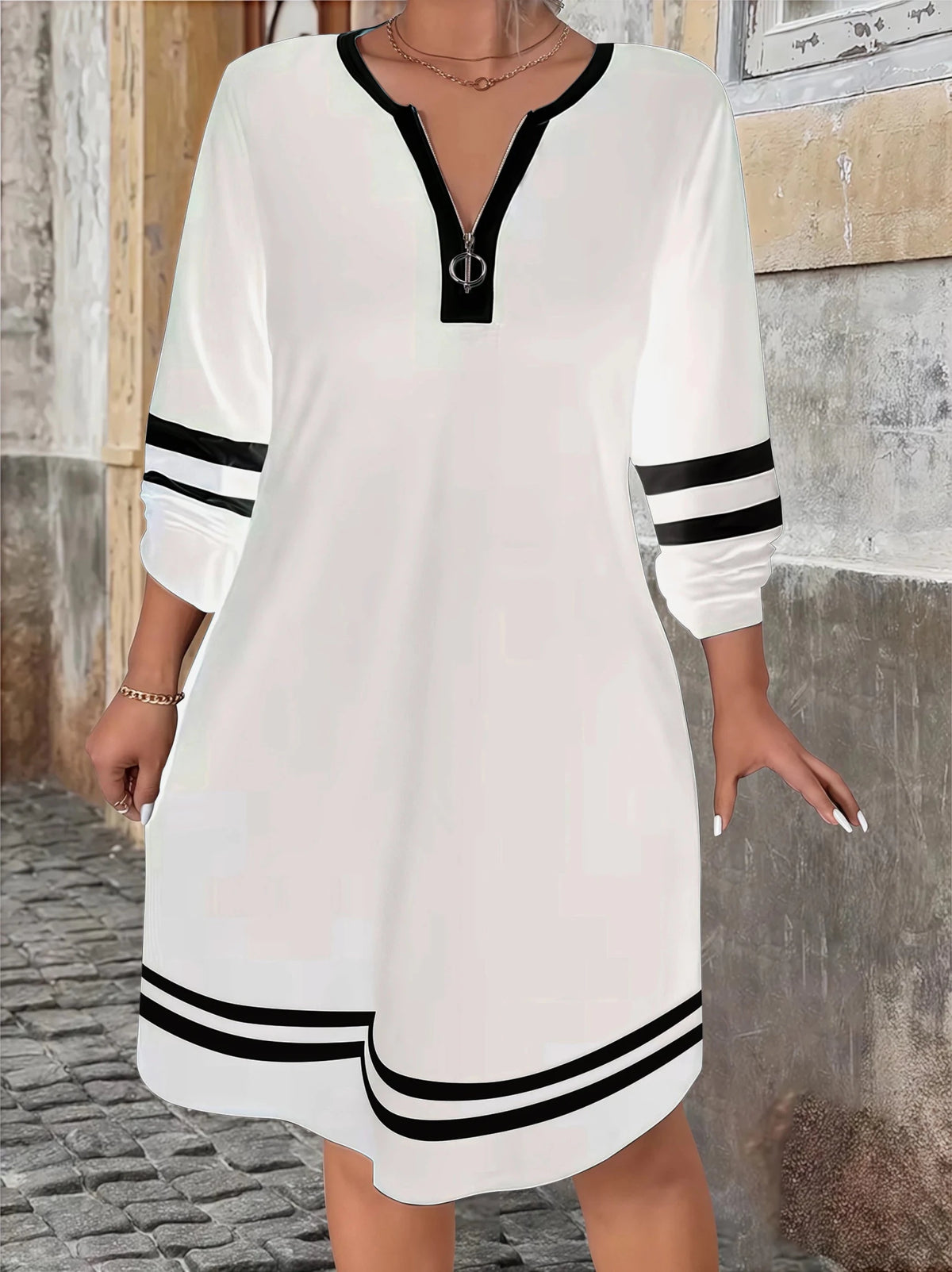 Elegant Striped Print Zip-Neck Versatile Mid-Length Long Sleeve Plus Size Winter Dress for Women - Chrissy's Eye