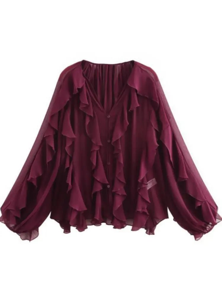 2026 Summer Chic Women's Elegant Loose Long Sleeve Layered Shirts Office Lady Vintage V-neck Translucent Tierred Ruffles Blouses - Chrissy's Eye