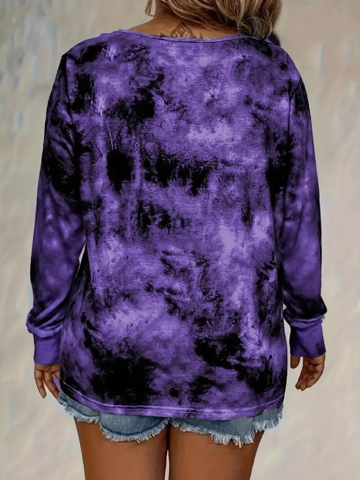plus size women's tie dye printed long sleeved T-shirt made of polyester knitted fabric elegant lace up casual and comfortable - Chrissy's Eye