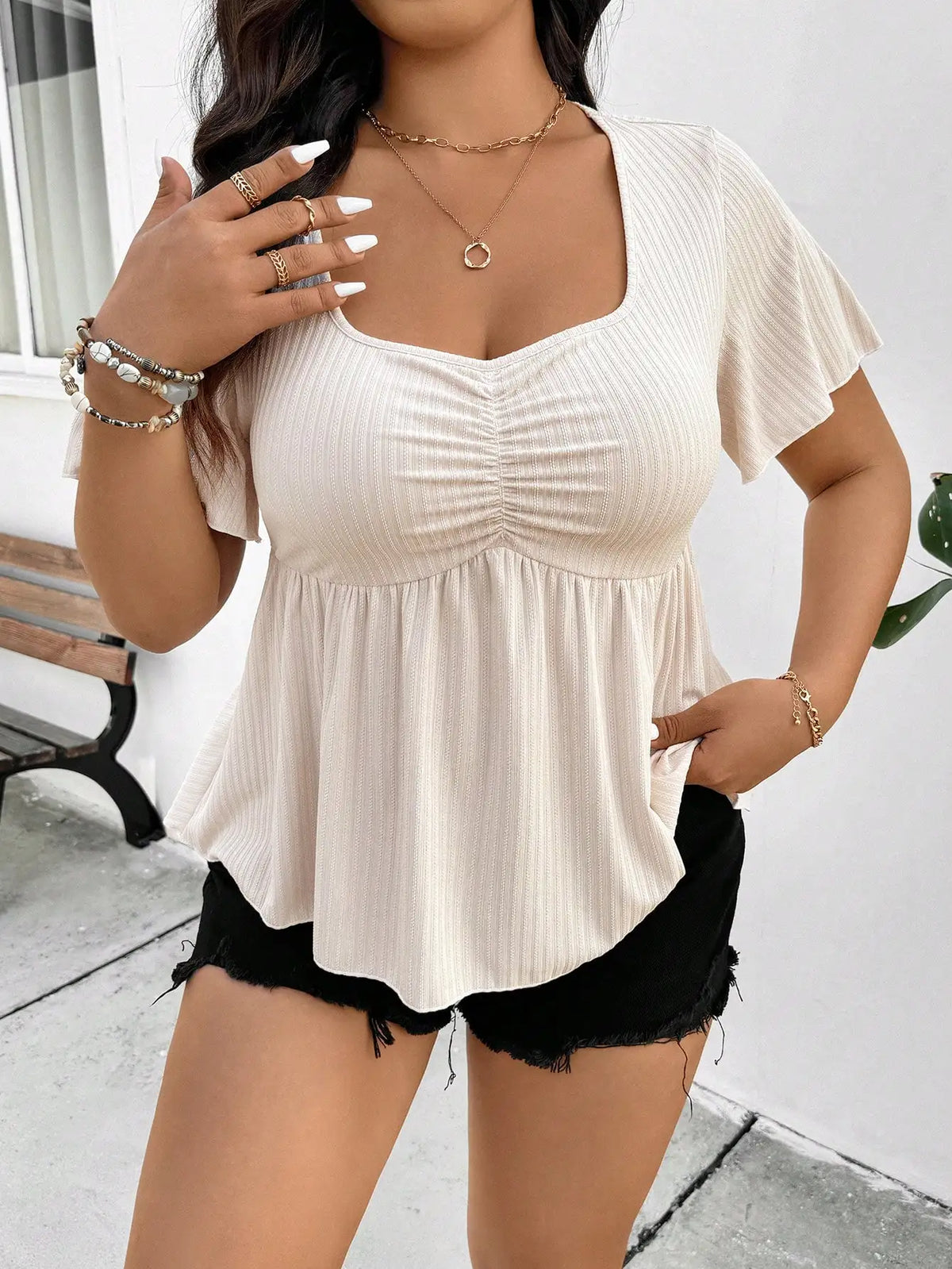 New women's fashion casual square neck short sleeve plus size women's top - Chrissy's Eye