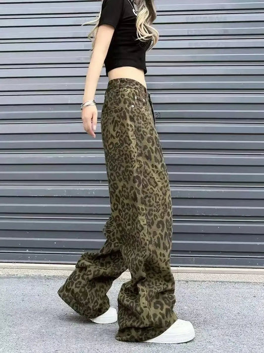 Vintage Fashion Female High Waist Casual Straight Jeans Trousers Autumn Spring Leopard Print Wide Leg Jeans Women Denim Pants - Chrissy's Eye
