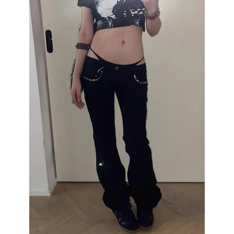 ZHIZOU Women Low Rise Jeans Black Flared Denim Pants Gyaru American Retro Korean Cyber Punk Trumpet Jeans Y2k Skinny Bell Bottom - Chrissy's Eye