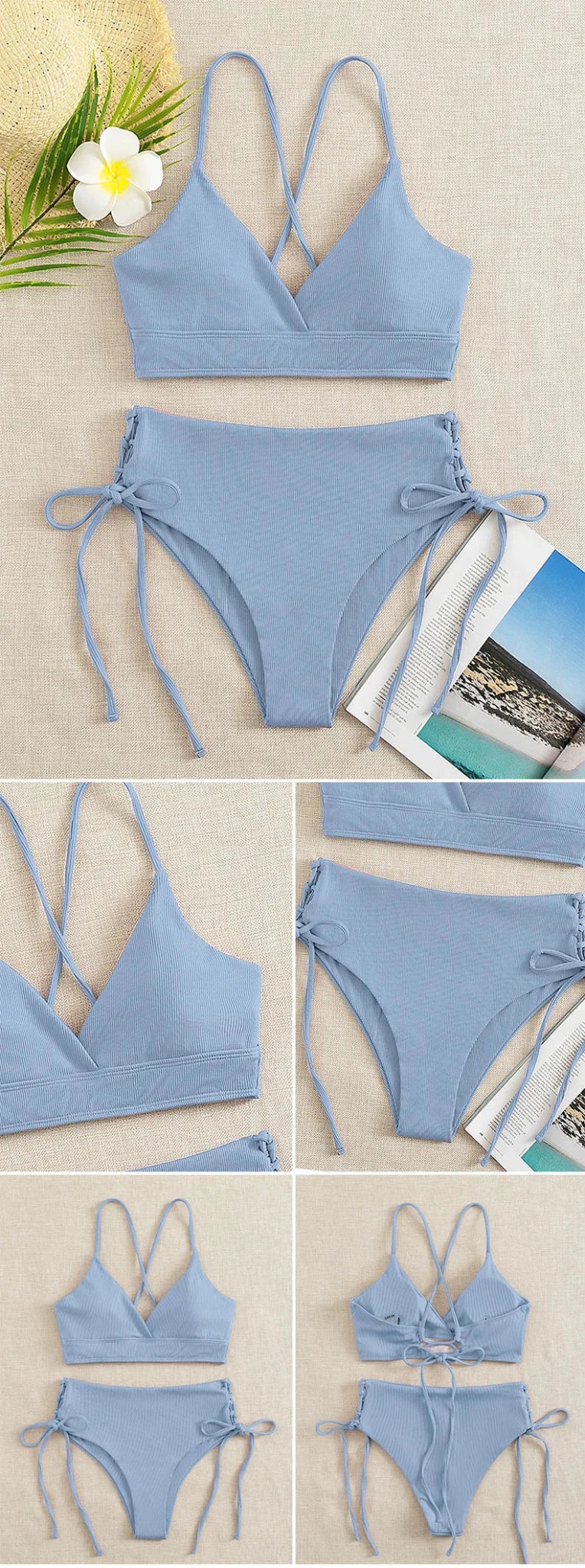 Cikini-V-Neck Split Bikini Set for Women, Sexy Swimsuit, Lace Up, Triangular Bikinis, Solid Color, Beach Swimwear, Bathing Suit - Chrissy's Eye