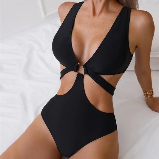 Black Bandage Hollow Out Swimwear One Piece Swimsuit Women Push Up Metal Ring Linked Monokini Bathing Suit Swimming Wear 2026 - Chrissy's Eye