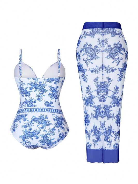 Summer Plus Size Vintage Print One Piece Swimsuit For Women Push Up Swimwear Mesh Cover Up Bathing Suit Beach Wear Swimming Suit - Chrissy's Eye