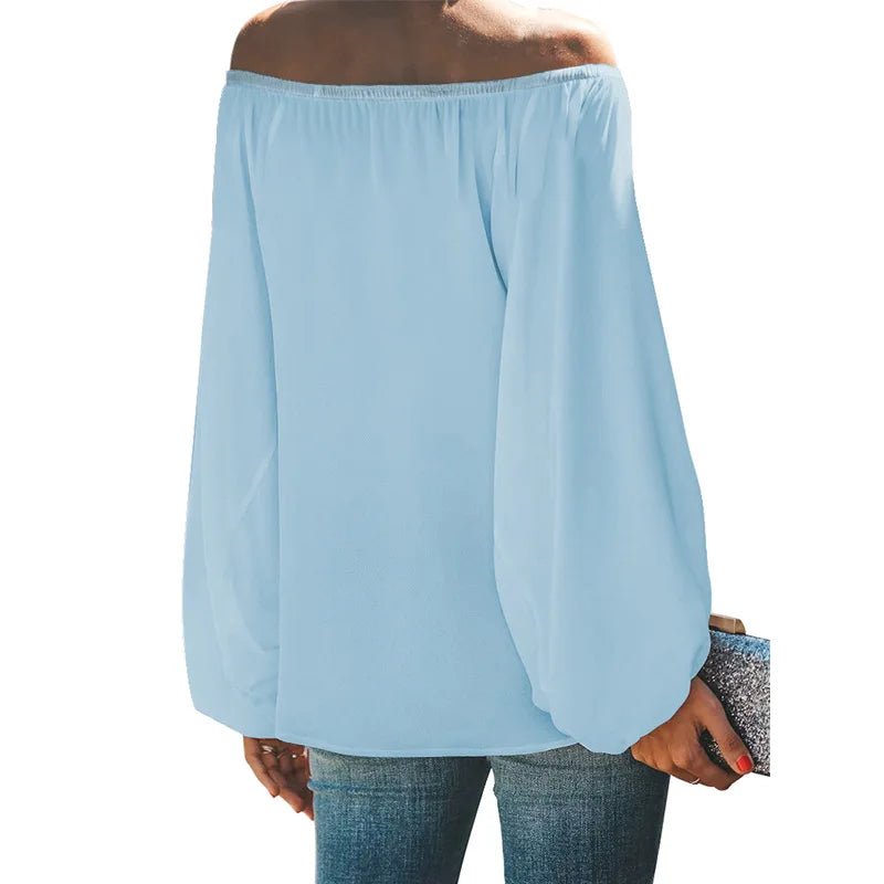 2024 off-shoulder tops for women autumn new one-shoulder solid color lantern sleeves loose long-sleeved T-shirt - Chrissy's Eye