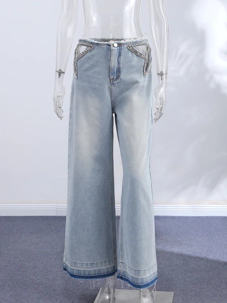 Low-Rise Raw Hem Rhinestone Star Cut-Out Jeans Baggy Wide Leg 2026 Summer Chic Women Denim Pants Causal Versatile Lady Bottoms - Chrissy's Eye