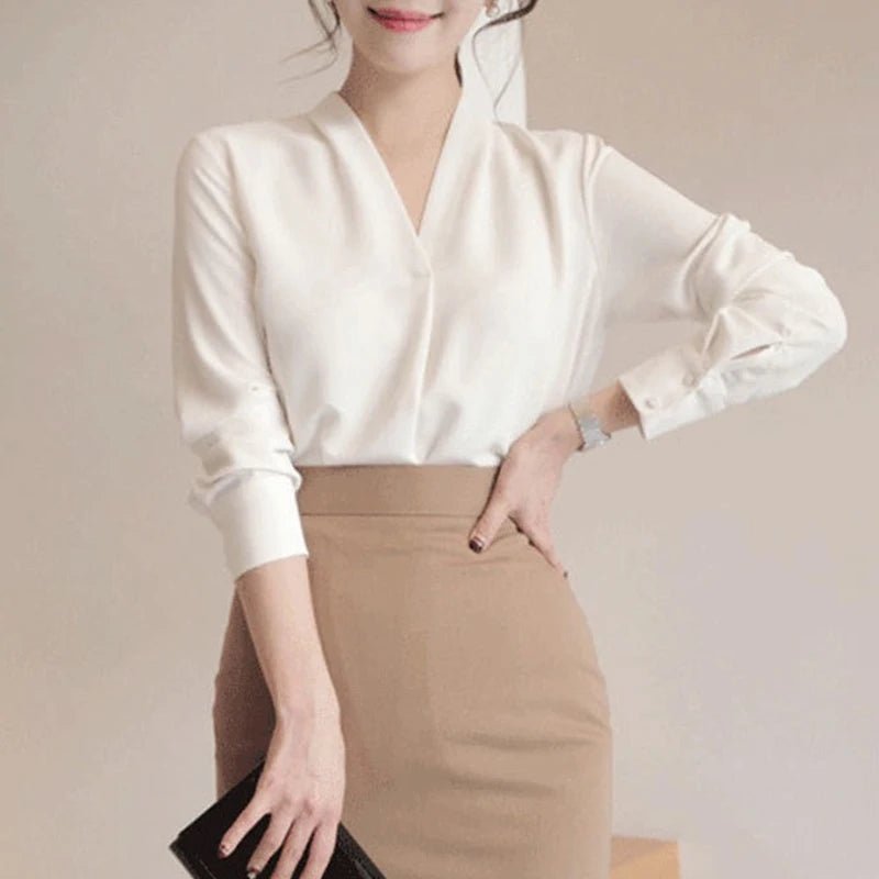 Korean Solid Color V-neck Long Sleeve Lady Chiffon Shirt Spring Autumn Elegant Simple Loose Fit Women's Commuting Shirt New 128 - Chrissy's Eye