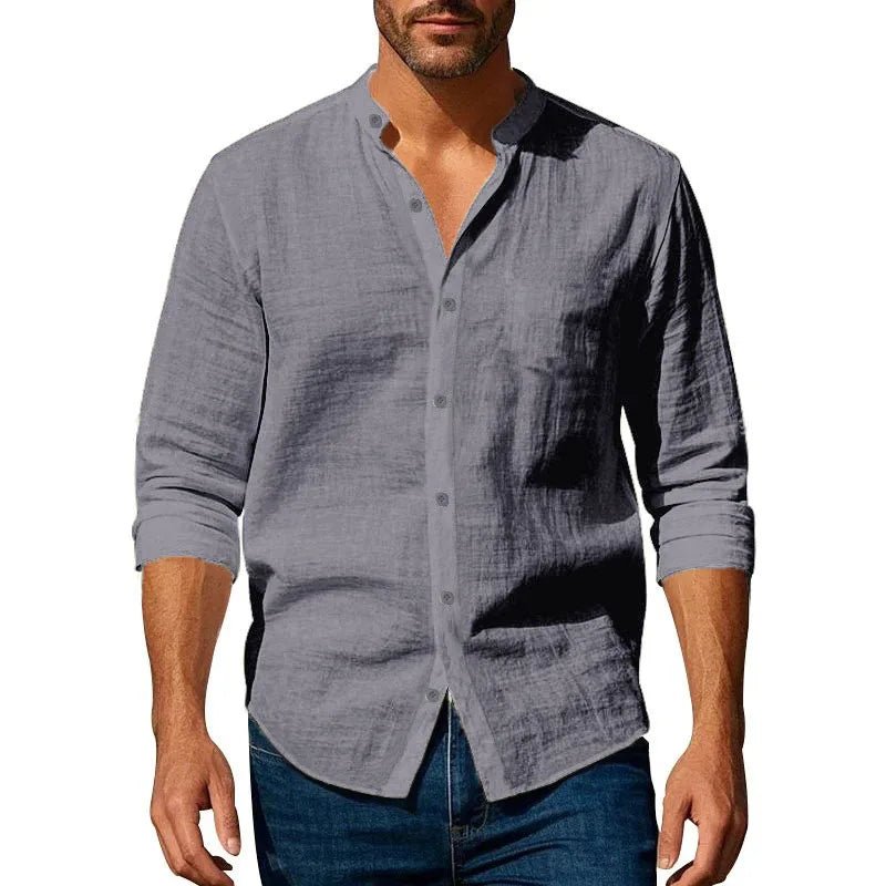 Cotton Linen Shirt for Men Henley Neck Solid Color Lightweight Breathable Slim Fit Single Breasted Shirt Long Sleeve Button Up - Chrissy's Eye