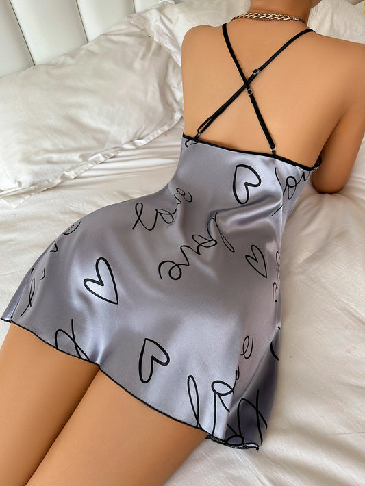 Heart Letter Print Nightdress Casual Round Neck Spaghetti Strap Sleep Dress Women's Sleepwear Dresses - Chrissy's Eye