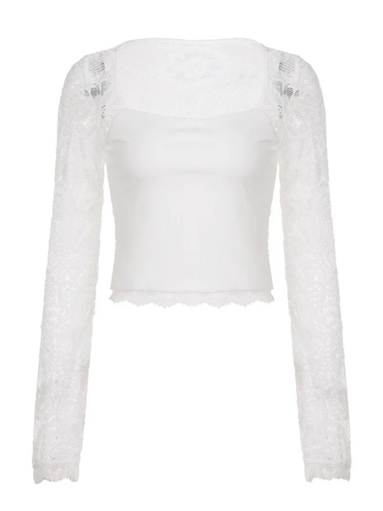 SsTss Solid Slim Sheer Lace Top for Women Fashion Hollow Out Long Sleeve Square Neck Slim Stretch Basic Crop T Shirt for Dating - Chrissy's Eye
