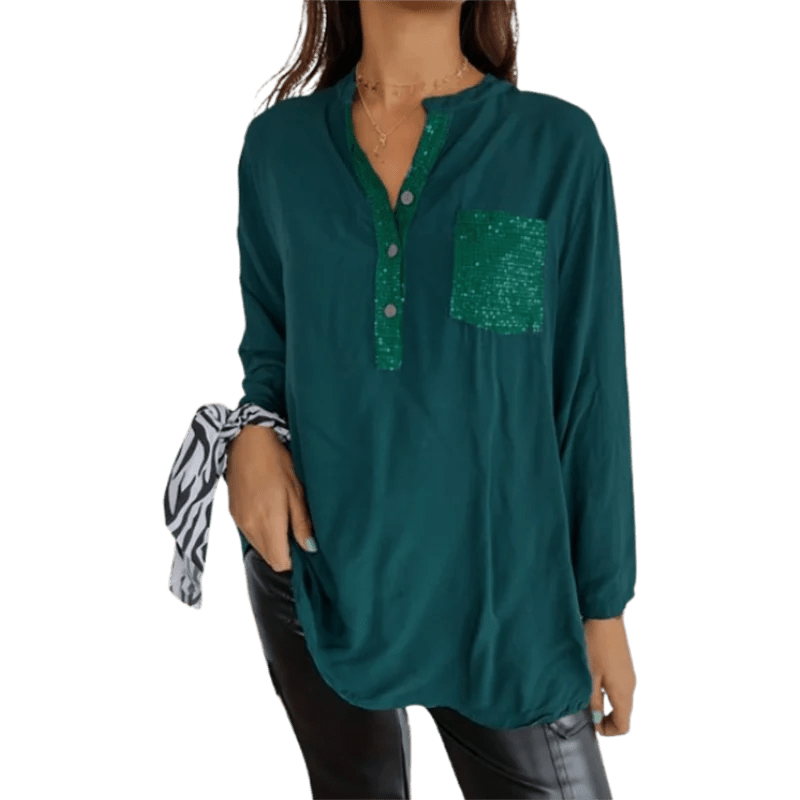 Autumn Sparkling Pocket Button Shirt Office Women's V-Neck Long Sleeved Blouse Casual Every Day Top Clothes - Chrissy's Eye