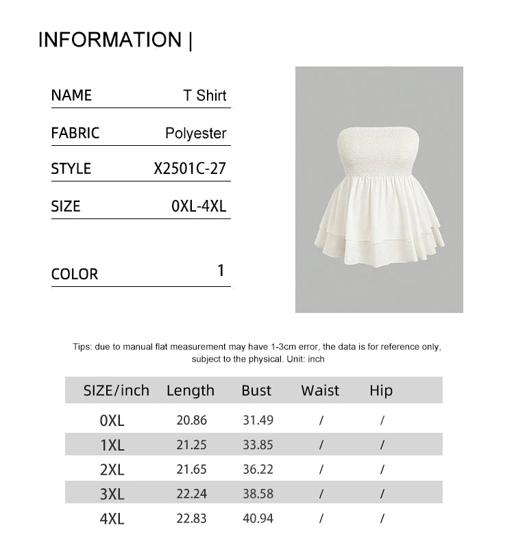 Plus Size Women's 2025 Summer New Sleeveless Tube Holiday Style Solid Color Double Layer Ruffle Swing Tube Women's Tops - Chrissy's Eye