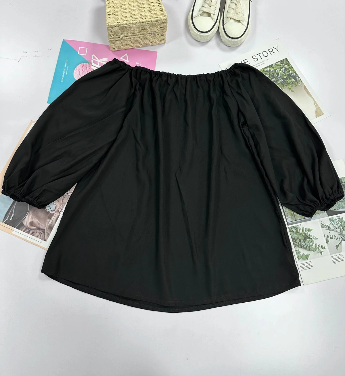 2024 off-shoulder tops for women autumn new one-shoulder solid color lantern sleeves loose long-sleeved T-shirt - Chrissy's Eye