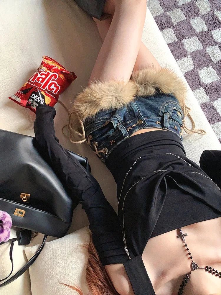 Winter New Women's Retro Design Fluffy Splicing Jeans Shorts Y2k Low-rise Strap Slim Hot Pants - Chrissy's Eye