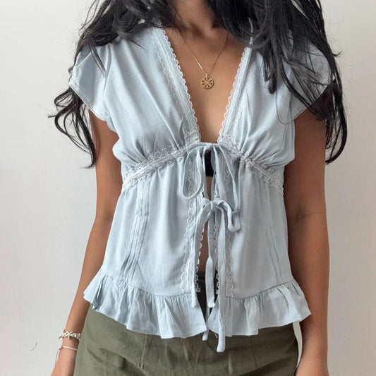 Fairy Lace Trim Blouse Streetwear Teen Girl Ruffles Hem Short Sleeve T Shirt Bow Tie Crop Top Women Y2k Open Front Crop Tops - Chrissy's Eye