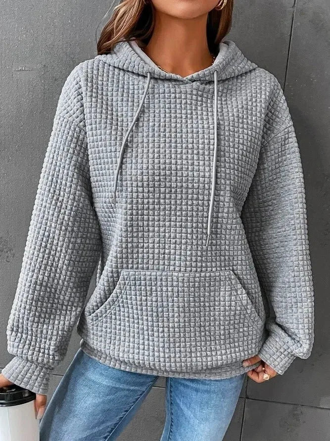 Women's hooded sweatshirt spring and autumn style waffle fashion beautiful solid color hooded drawstring loose sweatshirt - Chrissy's Eye