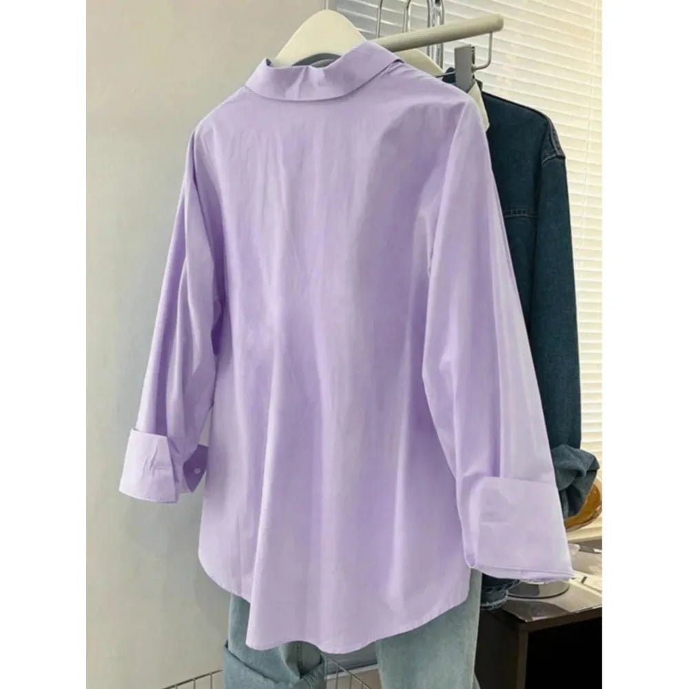 Plus Size Women's Casual Long Sleeve Shirt Elegant One Color Design Fitted Fabric Moderate Thickness Shirt - Chrissy's Eye