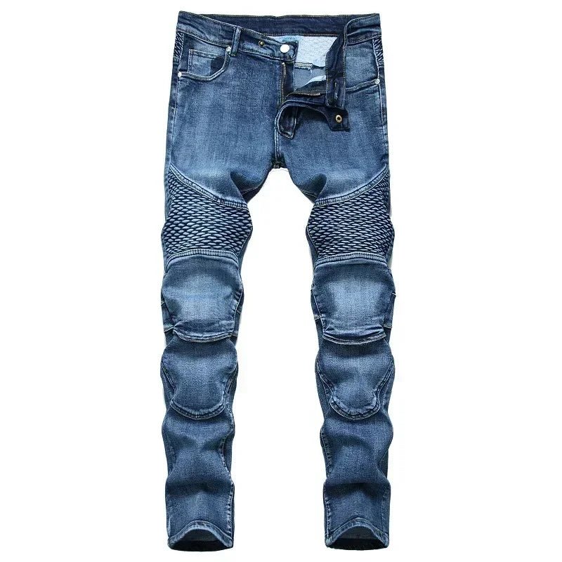 Men's New Casual Motorcycle Jeans Hip Hop Street Riding Stretch Slim Fit Straight Pants Patchwork Fashion Denim Trousers Male - Chrissy's Eye