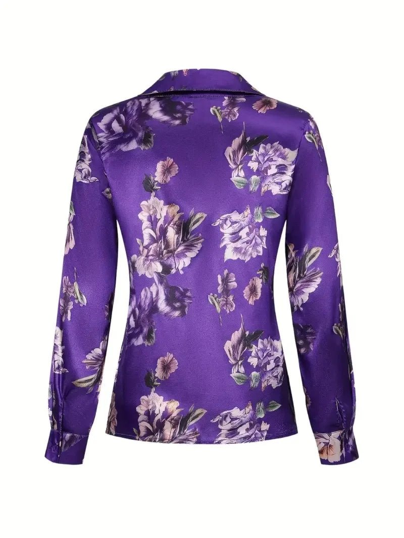 Elegant Intellectual Women's Satin Floral Print Shirt | Soft & Smooth V-Neck Long-Sleeve Button Formal Top for Spring - Chrissy's Eye