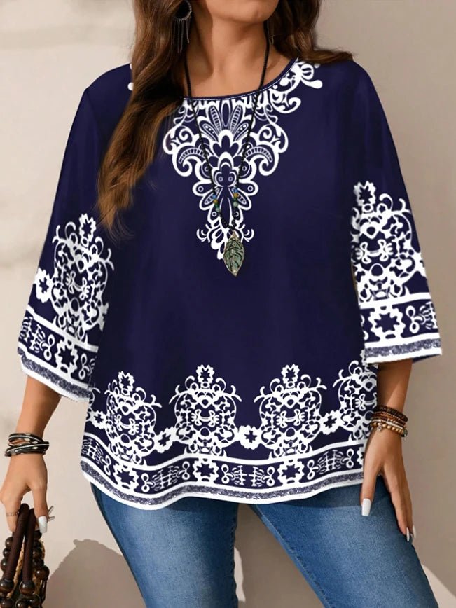 Plus Size Women's Boho Print T-Shirt, Navy Blue with White Floral Patterns, 3/4 Sleeves, Super Comfy for Daily Casual Wear - Chrissy's Eye