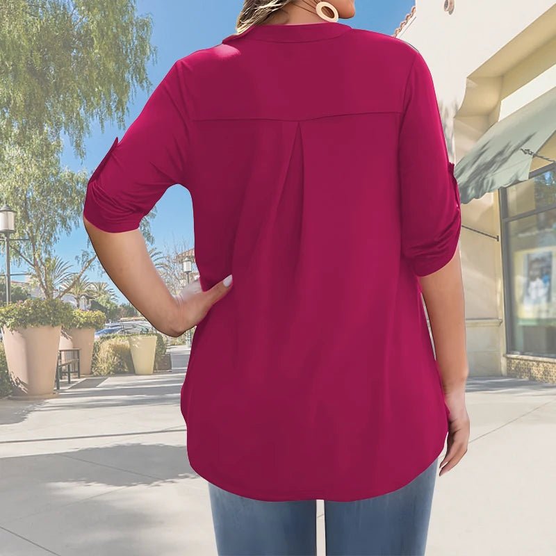 2025 New Women's Plus Size Summer Casual V-Neck Button-Front Blouse - Elegant Loose Fit Short Sleeve Machine Washable Solid - Chrissy's Eye
