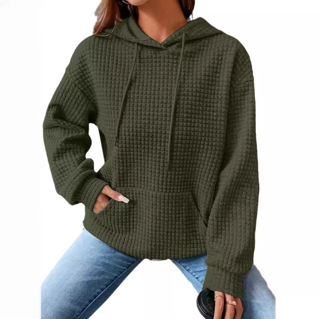 Women's hooded sweatshirt spring and autumn style waffle fashion beautiful solid color hooded drawstring loose sweatshirt - Chrissy's Eye