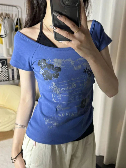 2025 Summer Vintage Fake Two Piece Halter Lace Up T-shirts Y2k Slim Fit Print Tops Women Off Shoulder Short Sleeve Tee Shirt - Chrissy's Eye