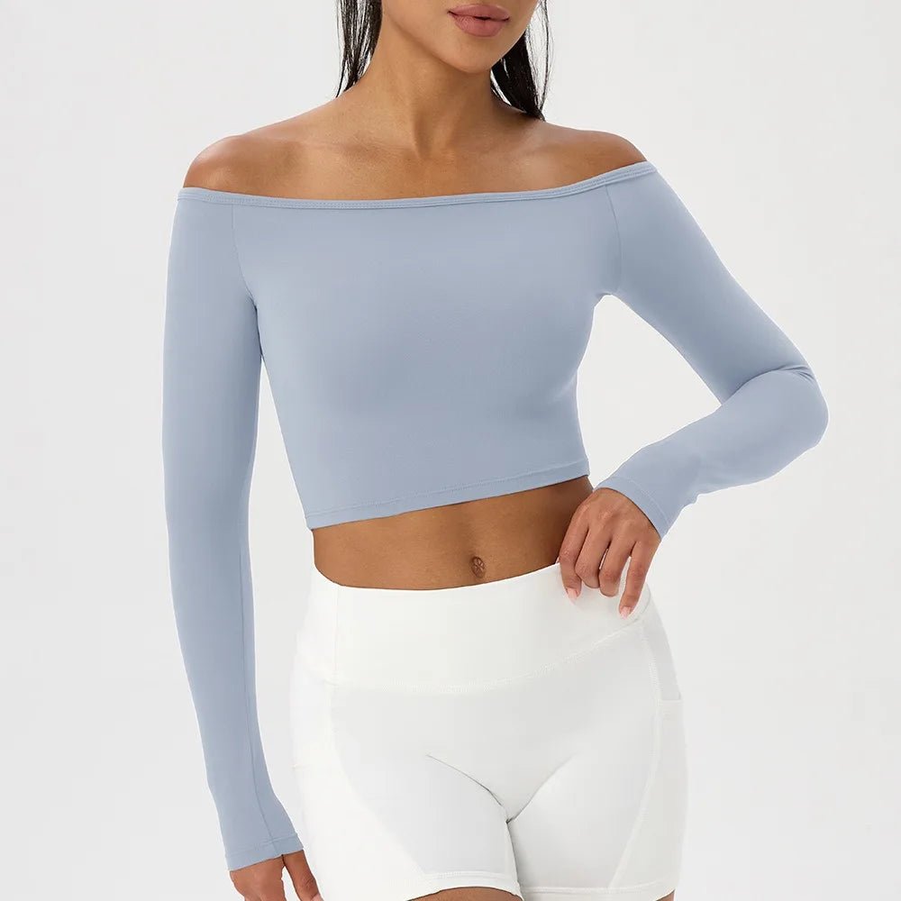 Women Sexy Off Shoulder Yoga Top Long Sleeve Gym Running Top Solid Quick-Dry Sport Workout Shirt - Chrissy's Eye