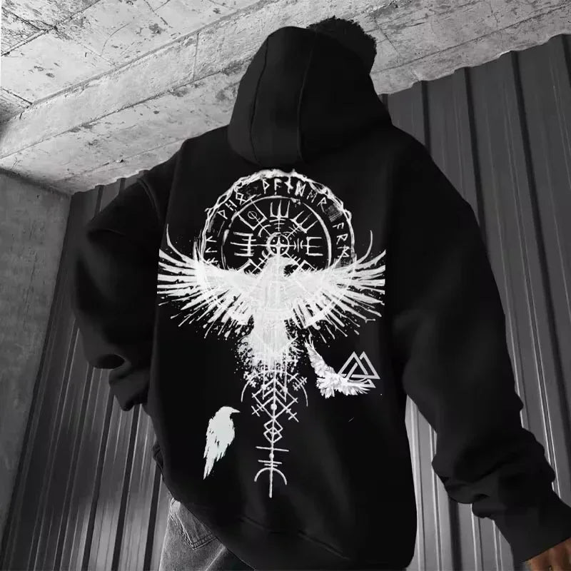 Men's Viking Totem Printed Hooded Sweatshirt Y2K Cotton Hooded Sweatshirt Loose Eagle Pattern Fresh Sport functional Fashionable - Chrissy's Eye
