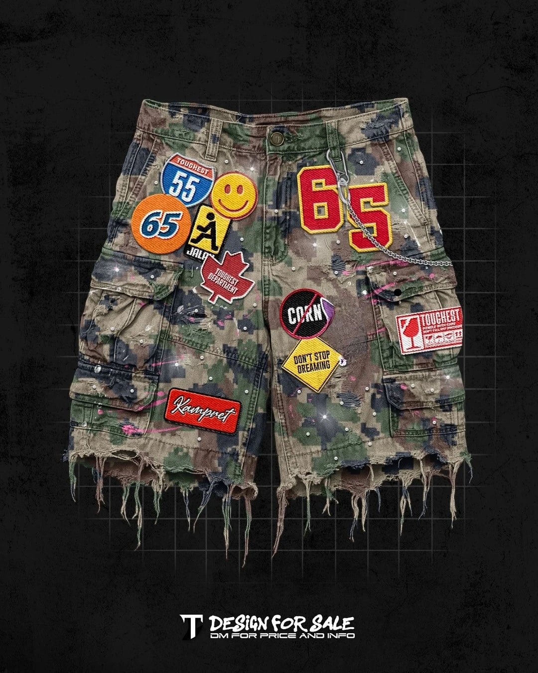 Retro Blue Streetwear Patchwork Denim Short Y2K Jeans Men Women Hip Hop Cartoon Graphics Loose Camo Denim Fitness Casual Shorts - Chrissy's Eye
