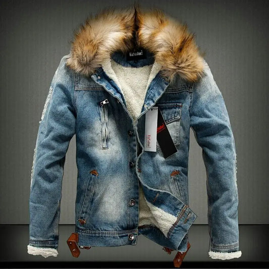 Men's High Quality Warm Solid Color Cotton Stand-up Collar Denim Jacket Plus Casual Parka by Chrissy'seye