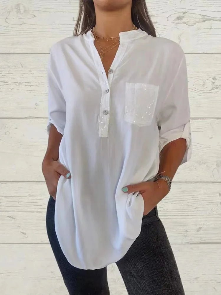 Autumn Sparkling Pocket Button Shirt Office Women's V-Neck Long Sleeved Blouse Casual Every Day Top Clothes - Chrissy's Eye